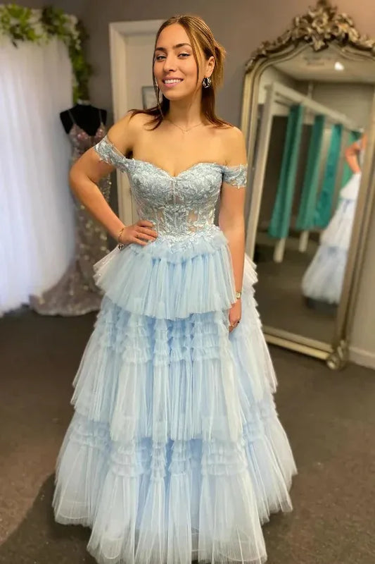 Stunning A Line Off the Shoulder Light Blue Corset Tulle Prom Dress with Ruffles Appliques