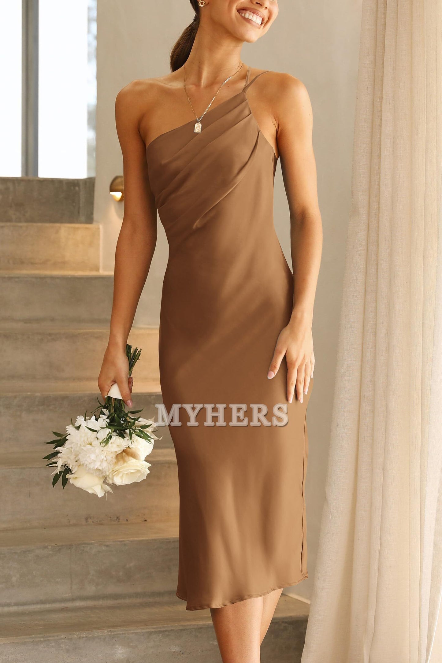 One Shoulder Spaghetti Strap Backless Ruched Simple Charming Bridesmaid Dresses Wedding Guests Dresses