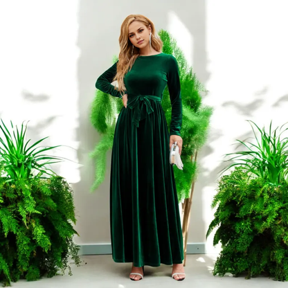 Long Velvet Dress Round Neck Long Sleeve Belt Formal Wear Dresses Wedding Guest Dress Evening Dress