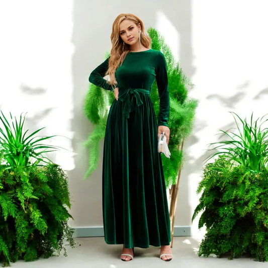Long Velvet Dress Round Neck Long Sleeve Belt Formal Wear Dresses Wedding Guest Dress Evening Dress