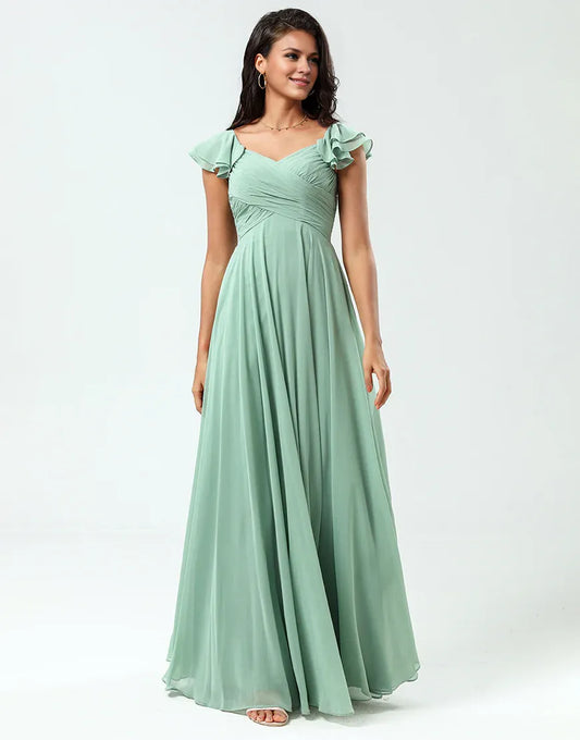 Lace-Up Back A Line V-Neck Chiffon Green Bridesmaid Dress with Ruffles