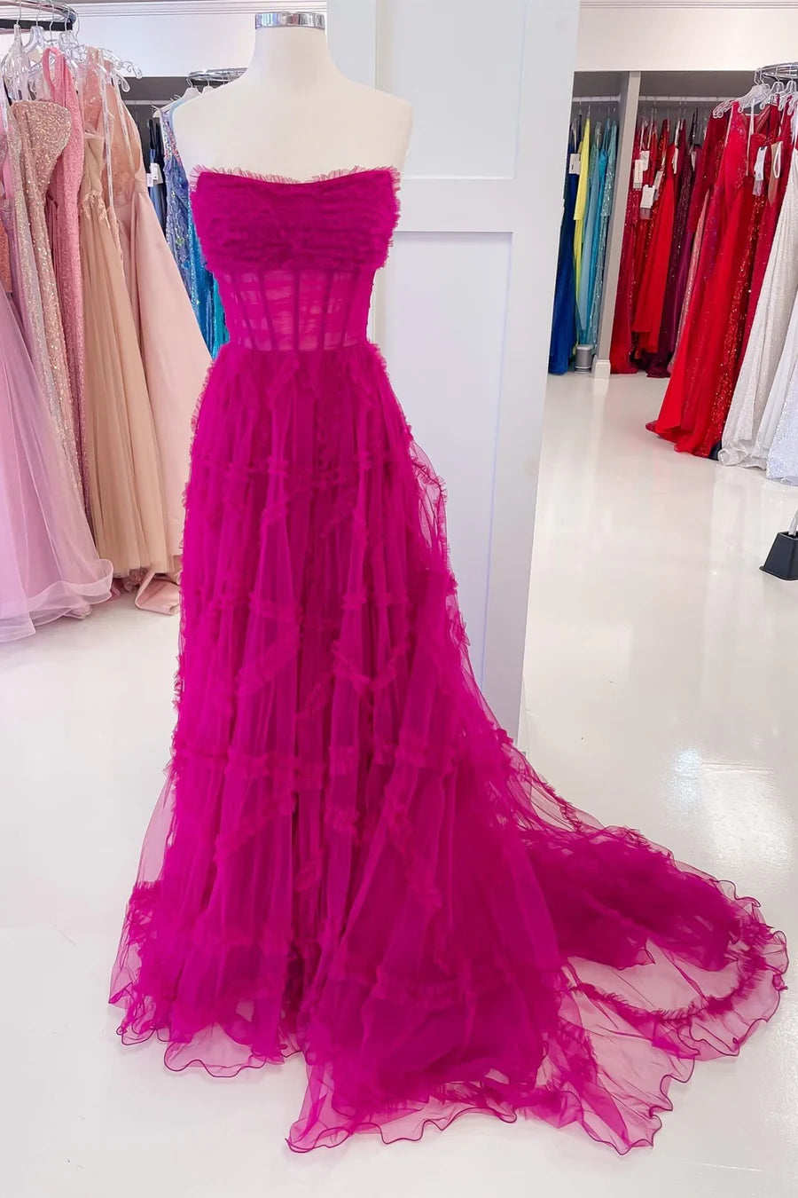 Strapless Ruffles A-Line Long Formal Dress with Puff Sleeves