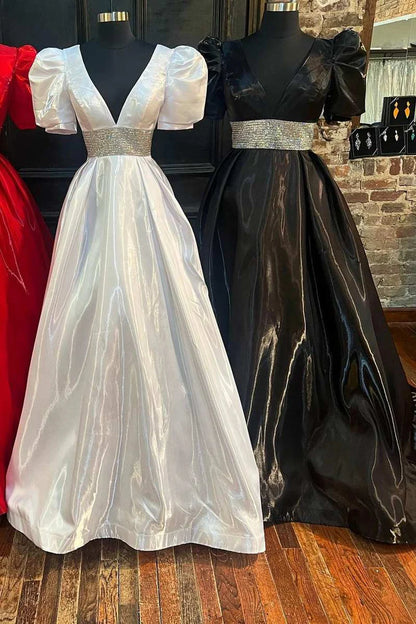 A-Line Beaded Plunge V Long Prom Dress with Puff Sleeves