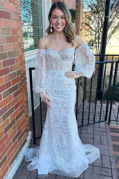 Sequin Lace Strapless Long Formal Dress with Balloon Sleeves
