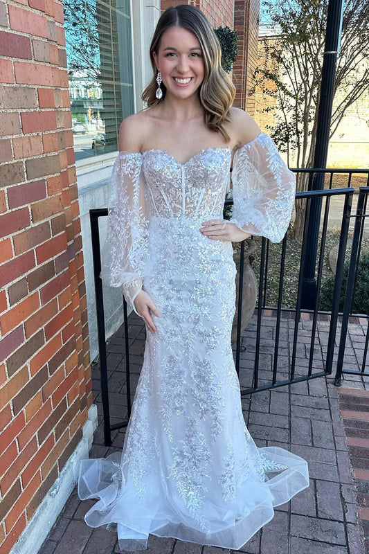 Sequin Lace Strapless Long Formal Dress with Balloon Sleeves