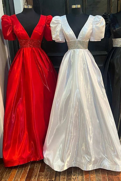A-Line Beaded Plunge V Long Prom Dress with Puff Sleeves