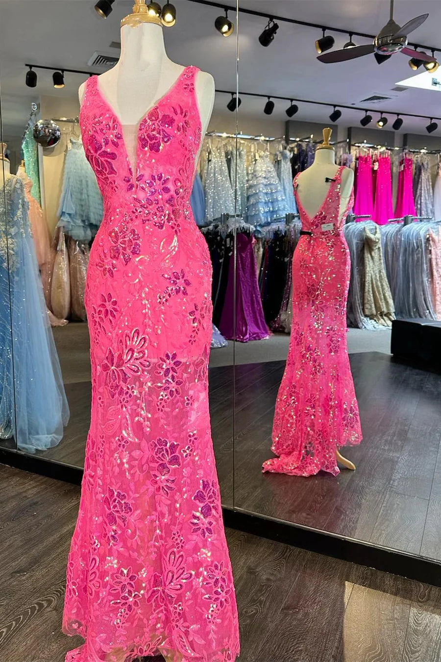 Sequin Appliques Plunge V Mermaid Long Formal Dress