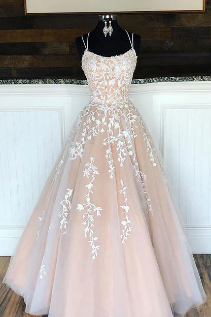 A Line Spaghetti Straps Tulle Long Prom Dress With Appliques