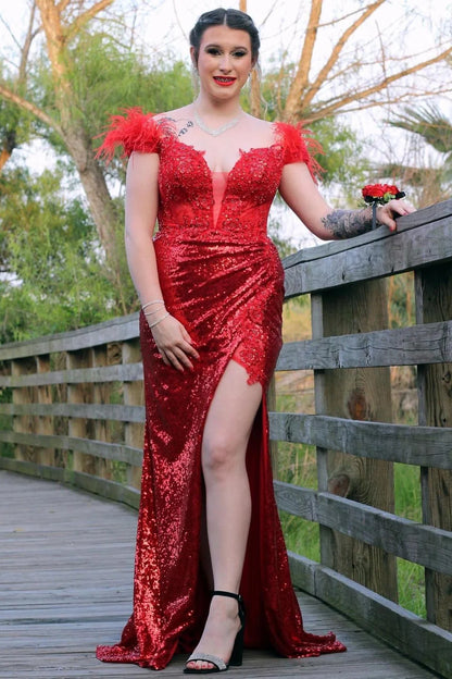 Deep Off-the-Shoulder Feathers Sequins Long Prom Dress with Slit
