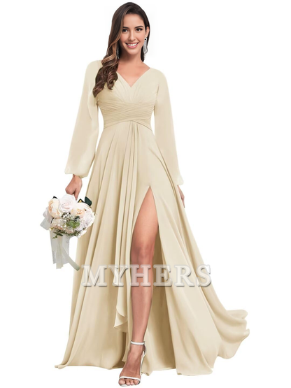Elegant Chiffon Long Sleeves V Neck Ruffle Side Fork Long Bridesmaid Dresses Wedding Guests Dresses