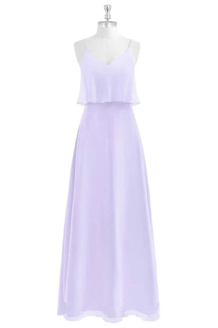 Lavender V-Neck Spaghetti Straps Ruffled Long Bridesmaid Dress