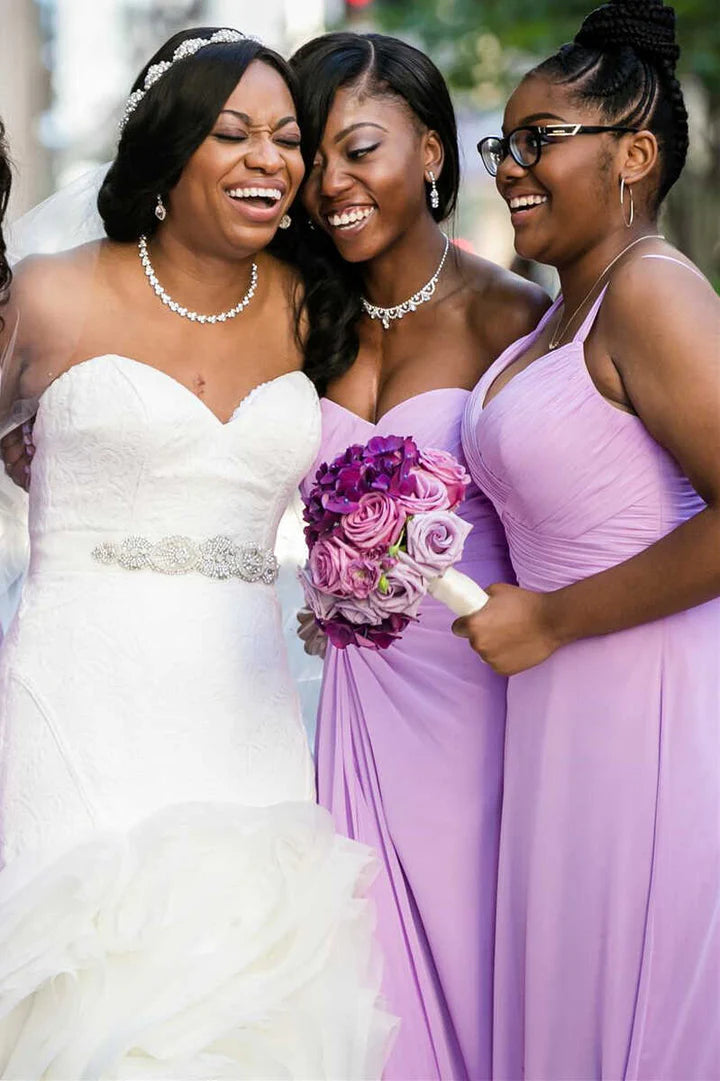 V-Neck/Square neck/One-Shoulder/Off-the-Shoulder Mismatched Light Purple Chiffon Long Bridesmaid Dress