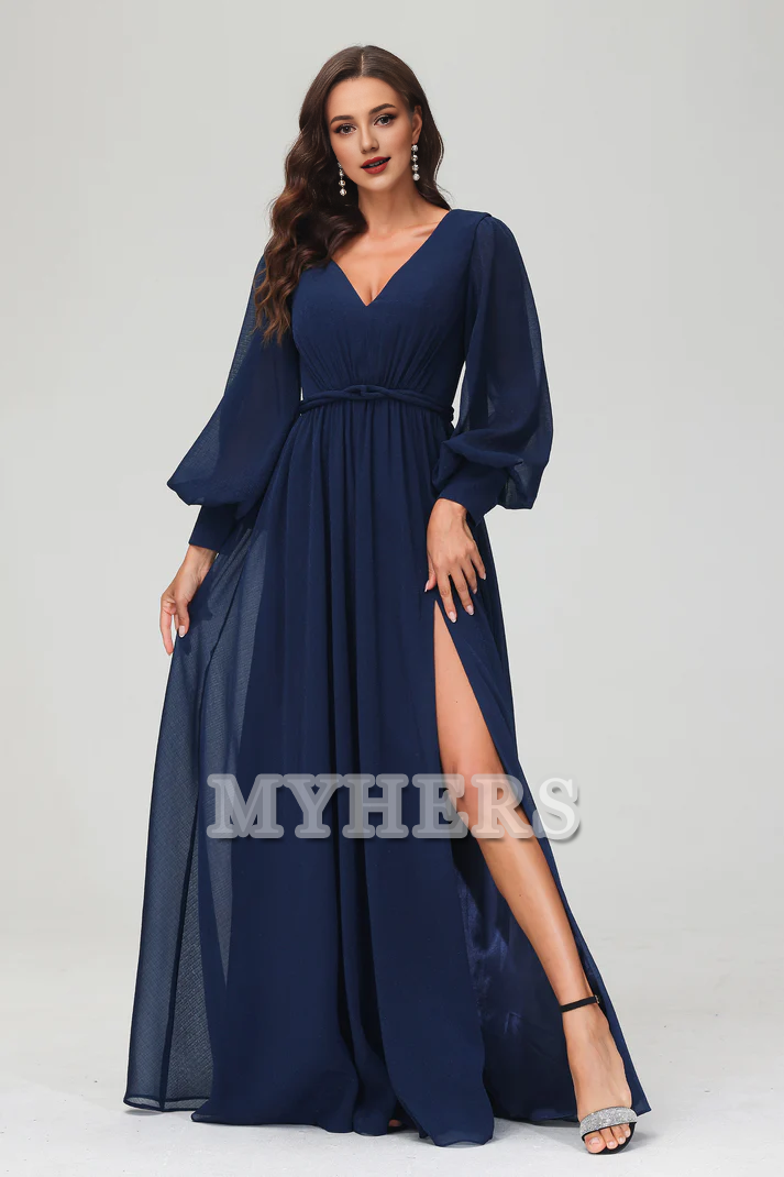 Formal Women's Dresses A-Line V-neck Long Sleeves V Neck Floor Length Dress Side Fork Elegant Exquisite Evening Dress