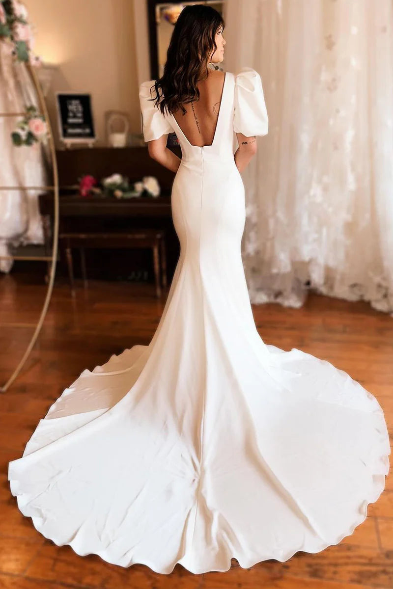 Charming Mermaid Square Neck Backless Satin Wrap The Buttocks Long Prom Dress with Ruffled Sleeves