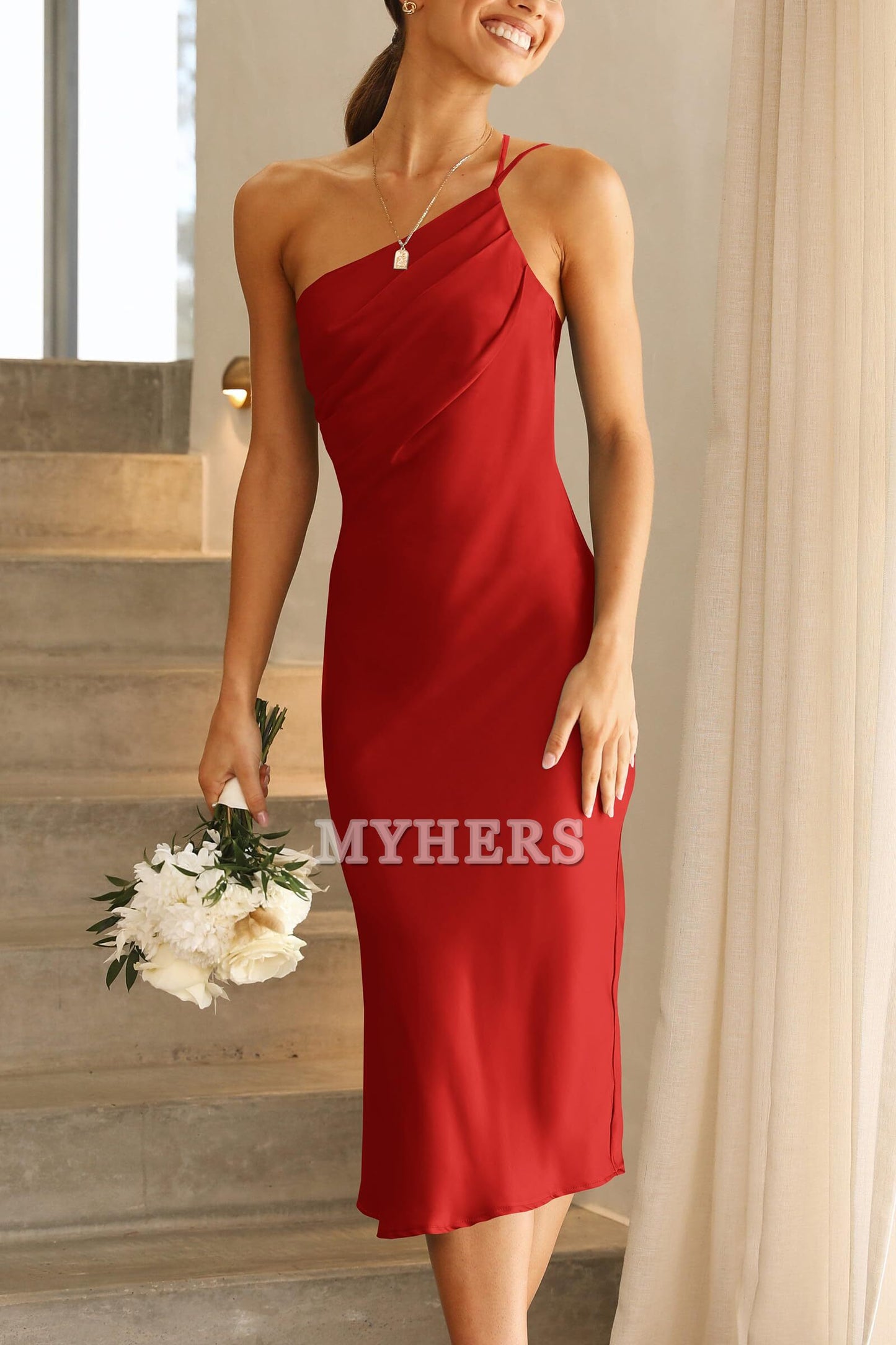 One Shoulder Spaghetti Strap Backless Ruched Simple Charming Bridesmaid Dresses Wedding Guests Dresses