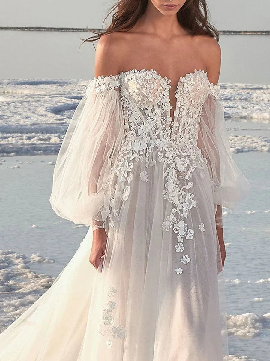 A-Line/Princess Off-the-Shoulder V-Neck Court Train Wedding Dress for Beaching Wedding