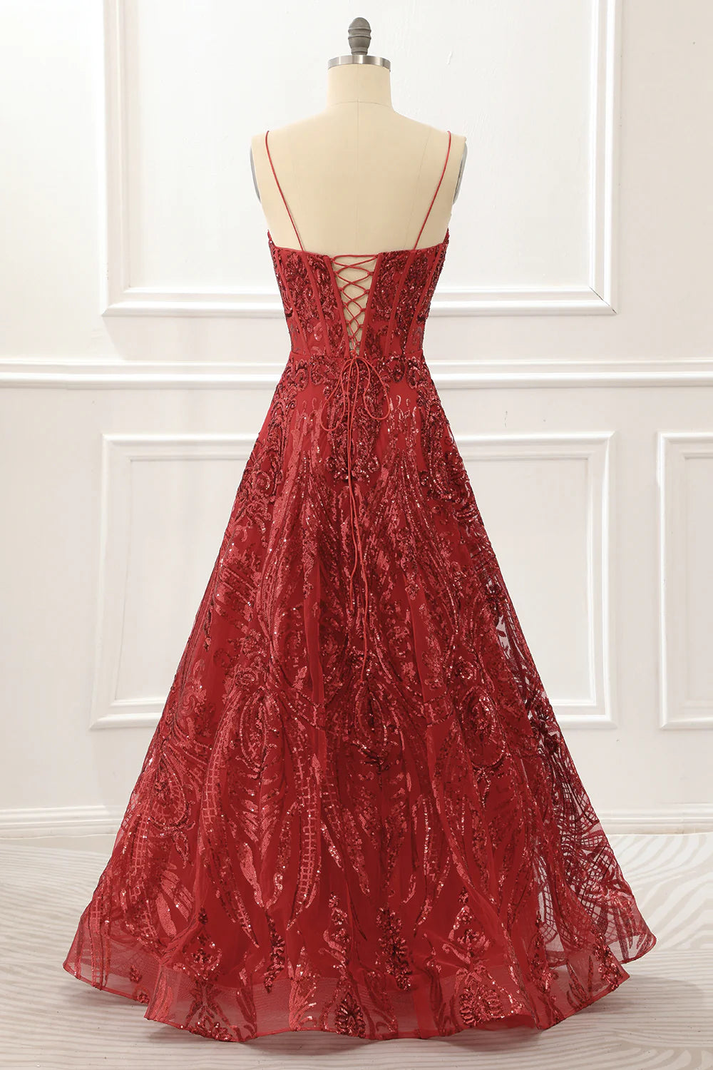Red Plunge V Spaghetti Straps Sparkly Corset Lace-Up Back Prom Dress