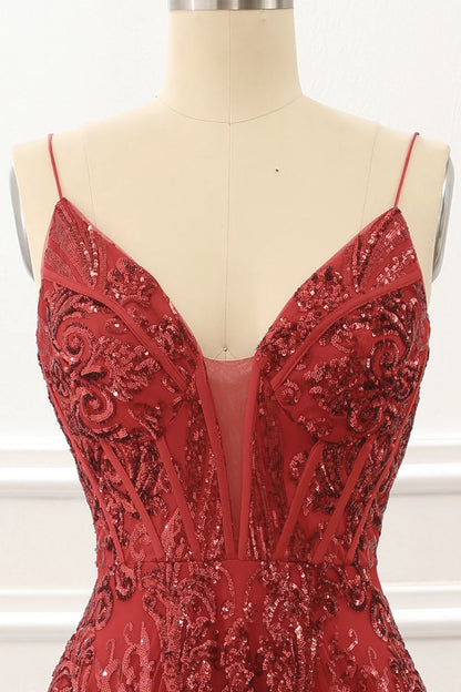 Red Plunge V Spaghetti Straps Sparkly Corset Lace-Up Back Prom Dress