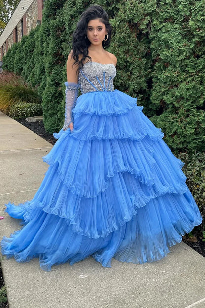 Beaded Sweetheart Tiered Long Gown with Detachable Sleeves