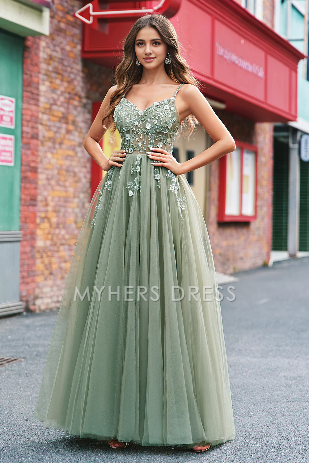 My Hers Ladies Formal Dress Gorgeous Floral Corset Spaghetti Strap Backless Tulle Long With Lace Exquisite Prom Dress