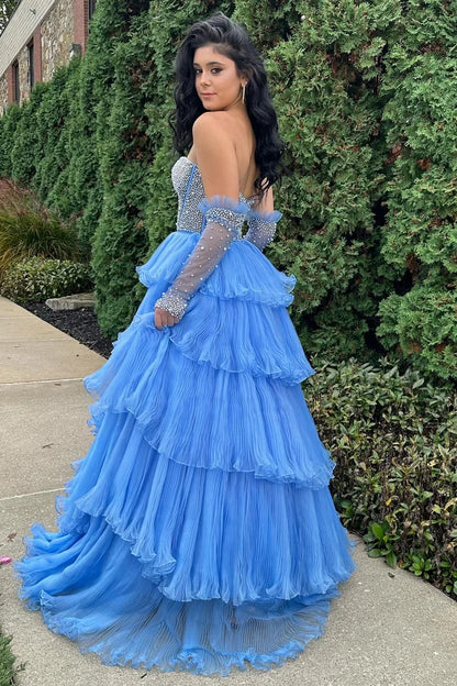 Beaded Sweetheart Tiered Long Gown with Detachable Sleeves