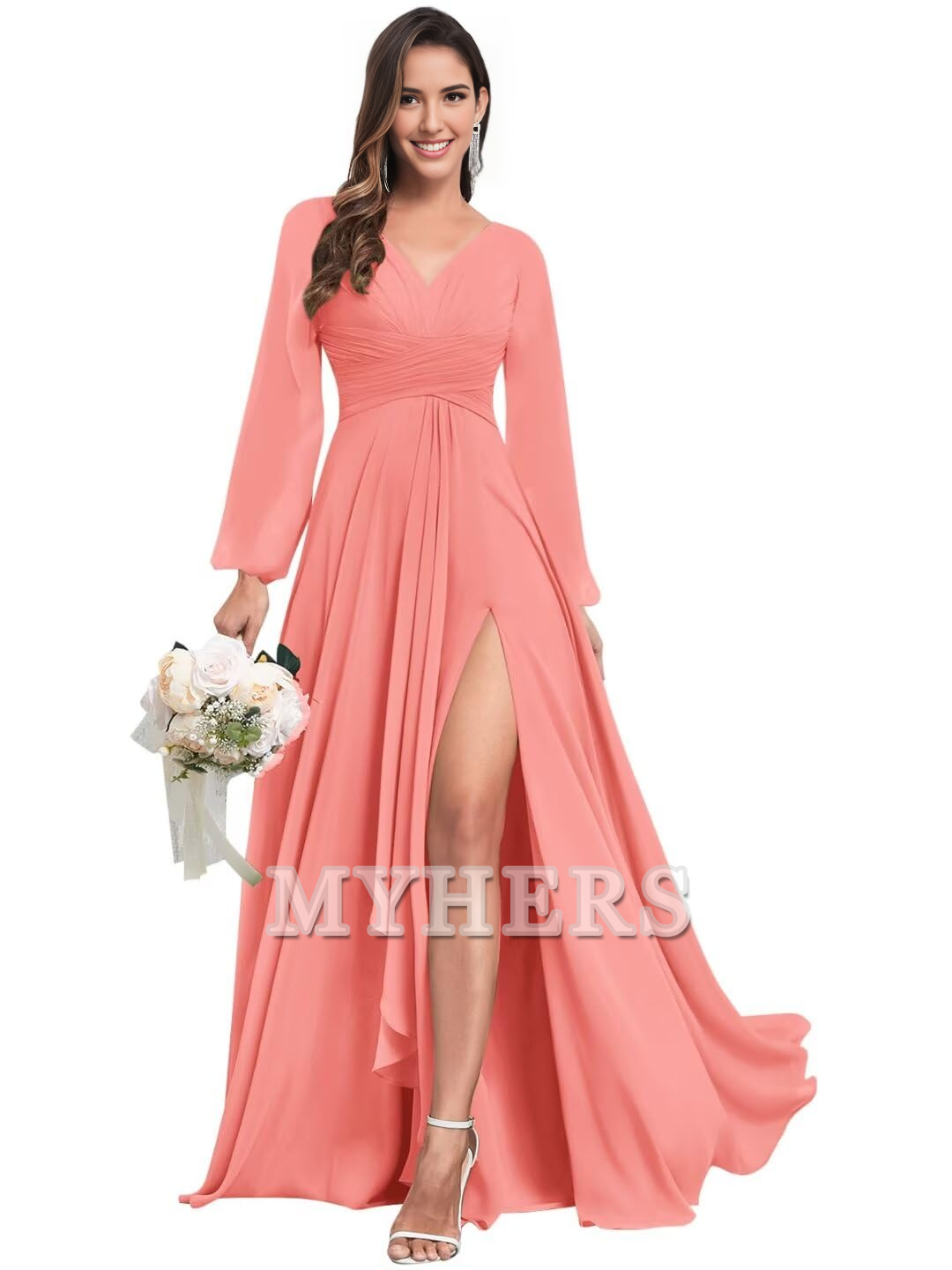 Elegant Chiffon Long Sleeves V Neck Ruffle Side Fork Long Bridesmaid Dresses Wedding Guests Dresses