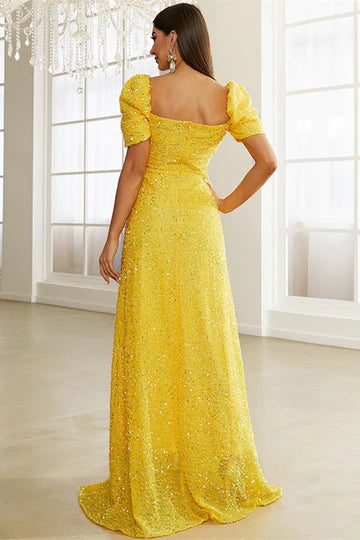 Sequin Sweetheart Puff Sleeve A-Line Prom Dress