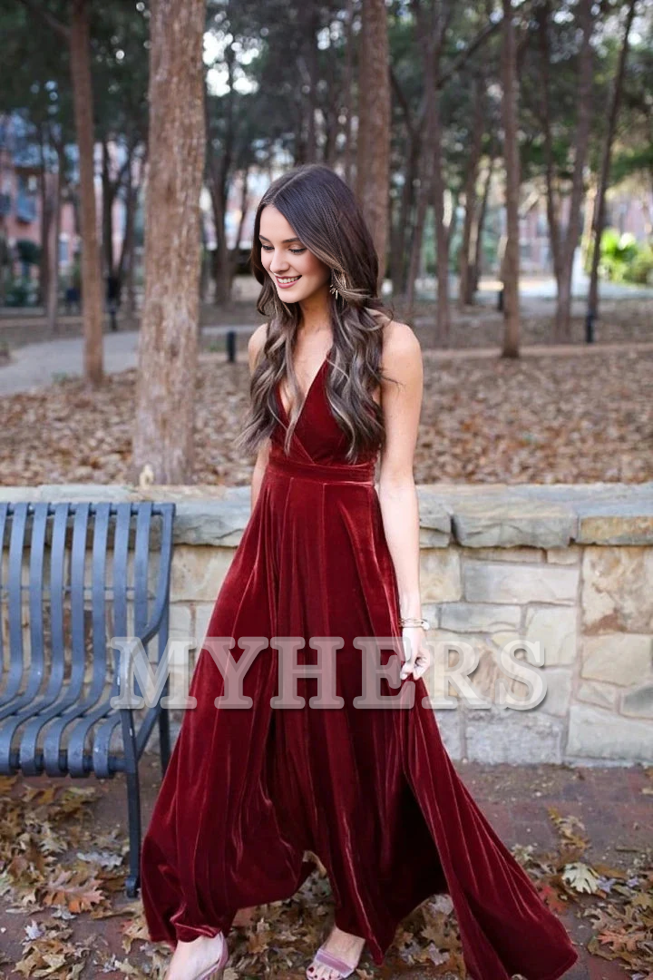 Formal Women's Dresses Wedding Guest Dresses Elegant A-Line Deep V Neck Halter Backless Burgundy Velvet Long Bridesmaid Dresses Prom Gown Evening Dress