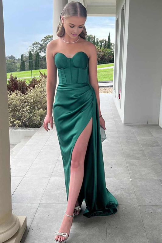 Formal Wear Dresses Mermaid Strapless Sweetheart Pleated High Slit Satin Long Prom Dress Exquisite Evening Dress