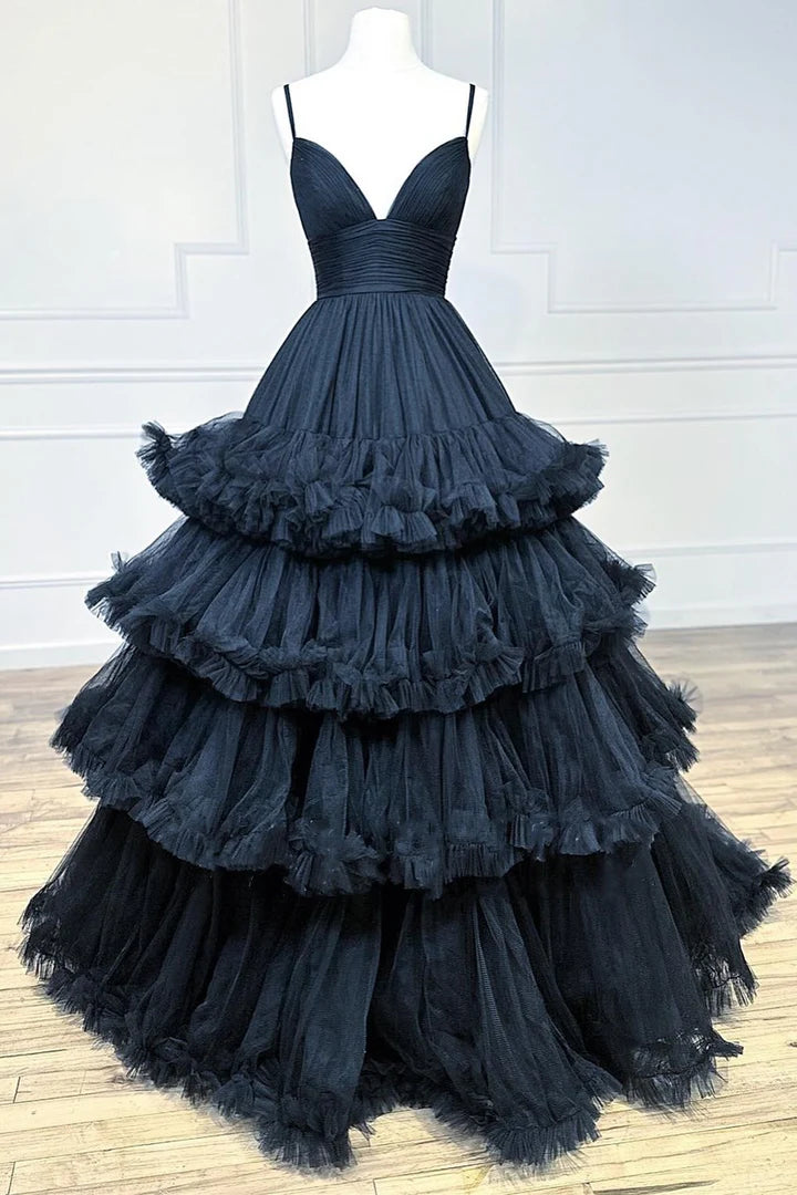 Tulle V-Neck Tiered Long Gown with Ruffles