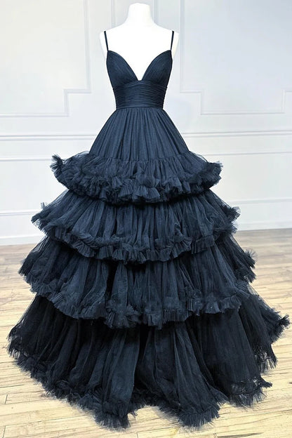 Tulle V-Neck Tiered Long Gown with Ruffles