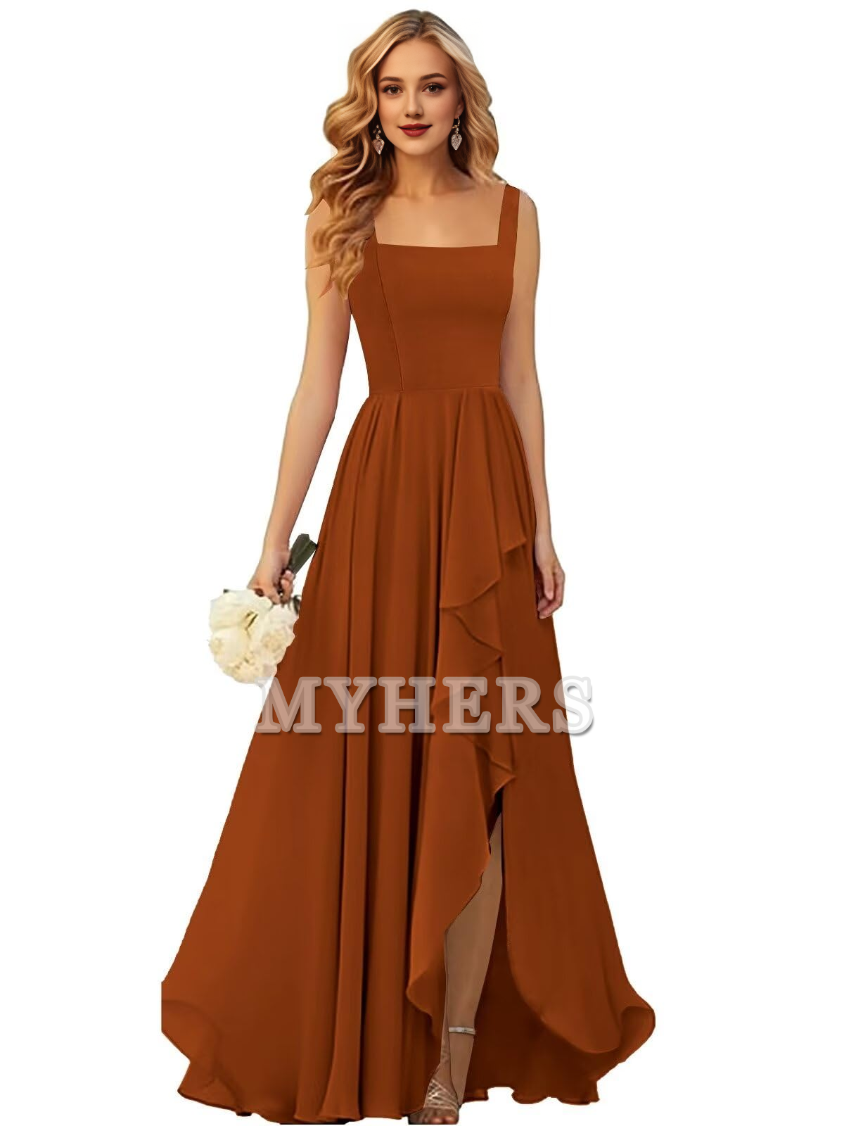 Elegant Simple Ruffle Square Neck Side Fork Long Bridesmaid Dresses Wedding Guests Dresses