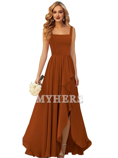 Elegant Simple Ruffle Square Neck Side Fork Long Bridesmaid Dresses Wedding Guests Dresses