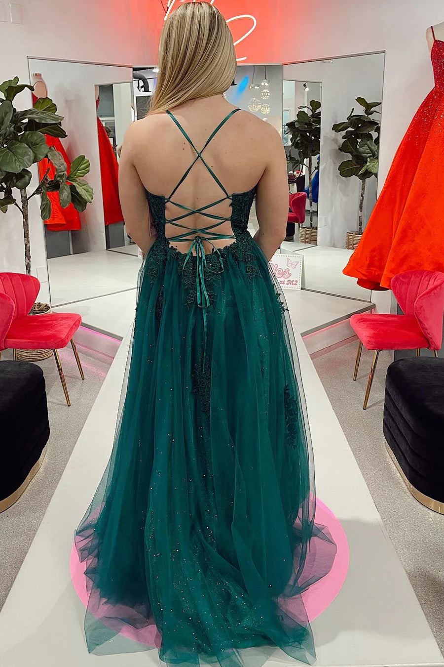 Appliques Backless Long Prom Dress with Slit