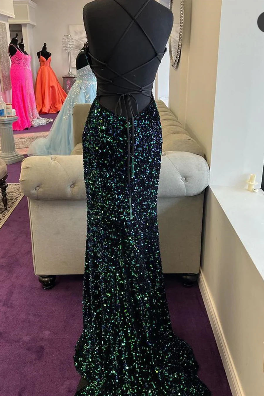 Sequined Spaghetti Straps Long Formal Dress