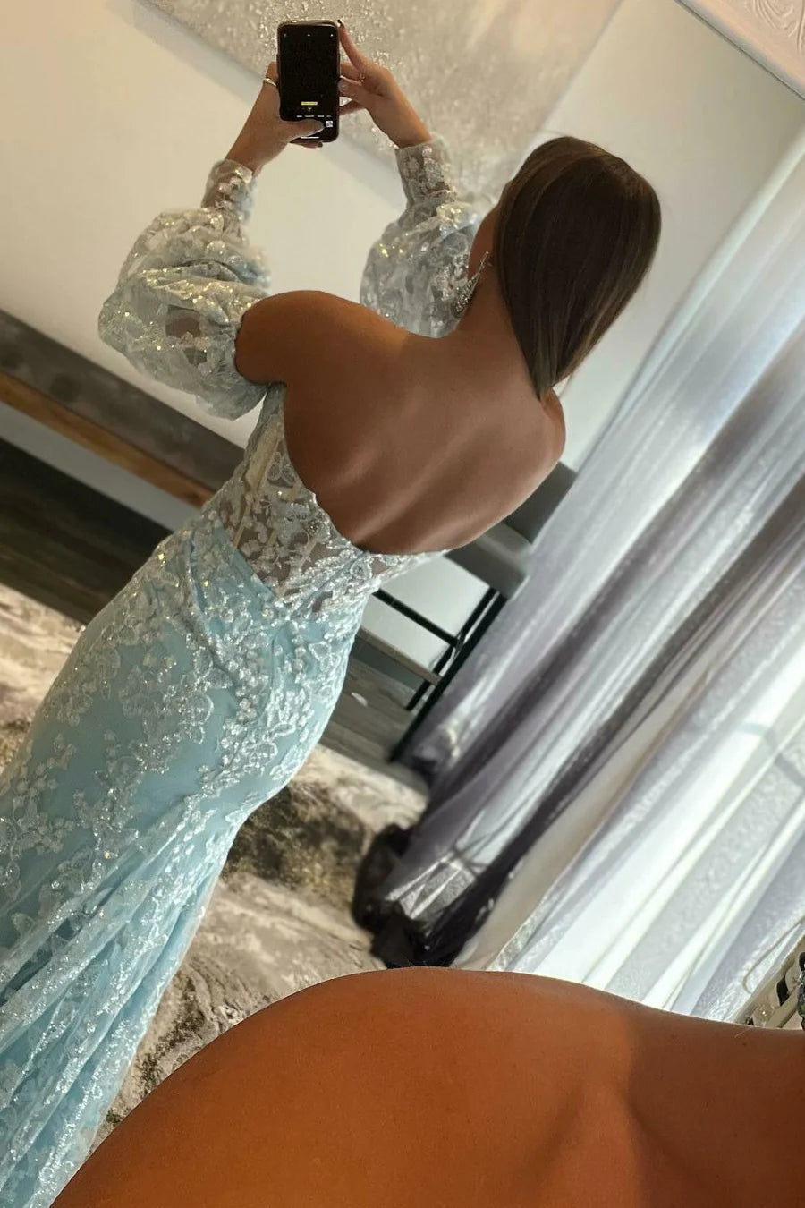 Lace Strapless Puff Sleeve Long Prom Dress