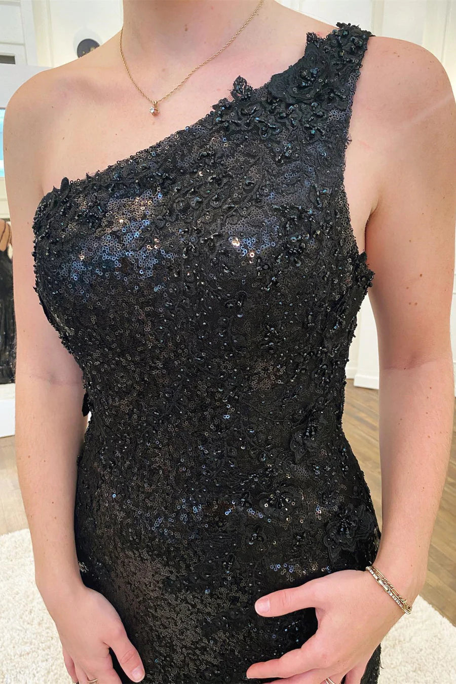 Sequin One-Shoulder Trumpet Long Prom Dress