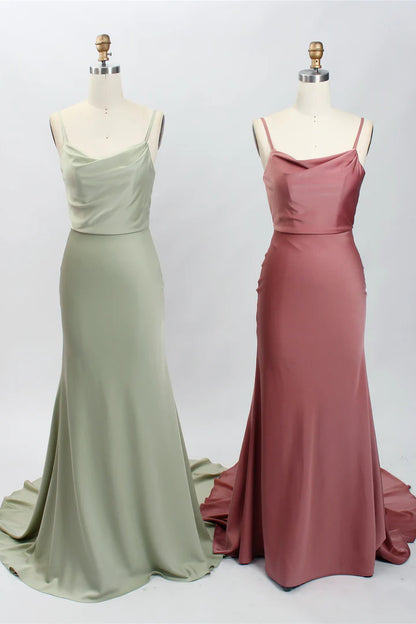 Cowl Neck spaghetti straps Bow Back Backless Long Bridesmaid Dress ﻿