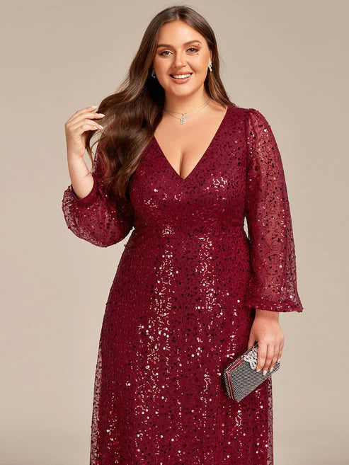 Plus Size V-Neck Lantern Long Sleeve Sequin A-Line Evening Dress/Prom Dresses Party Dresses