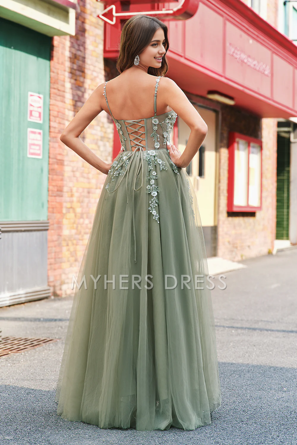 My Hers Ladies Formal Dress Gorgeous Floral Corset Spaghetti Strap Backless Tulle Long With Lace Exquisite Prom Dress