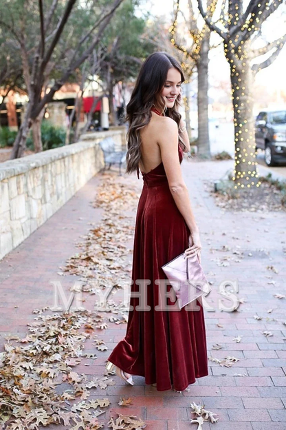 Formal Women's Dresses Wedding Guest Dresses Elegant A-Line Deep V Neck Halter Backless Burgundy Velvet Long Bridesmaid Dresses Prom Gown Evening Dress