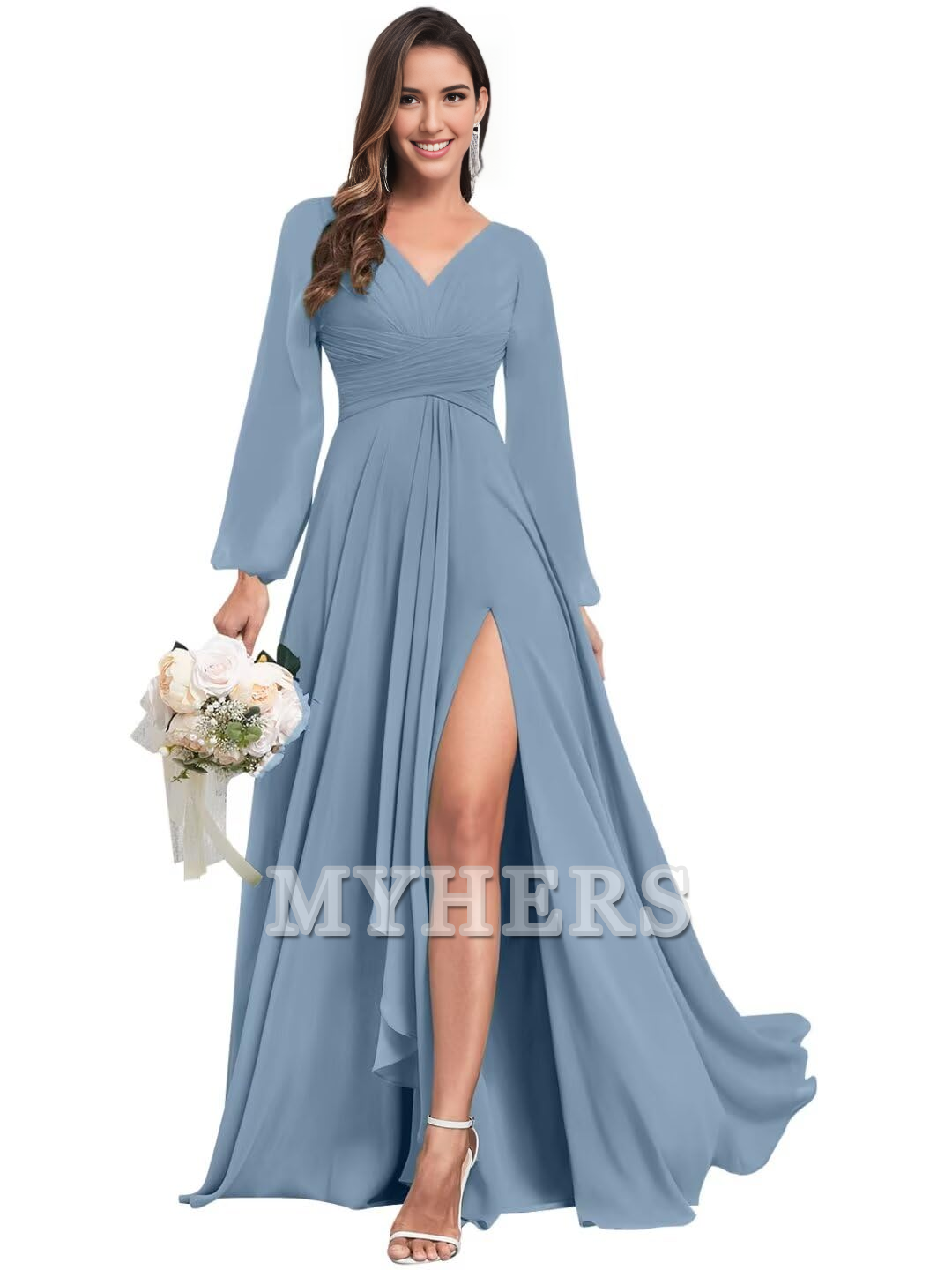 Elegant Chiffon Long Sleeves V Neck Ruffle Side Fork Long Bridesmaid Dresses Wedding Guests Dresses