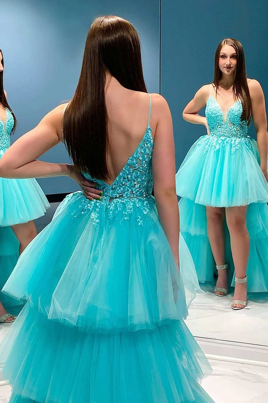 Floral Lace Tiered High-Low Prom Dress