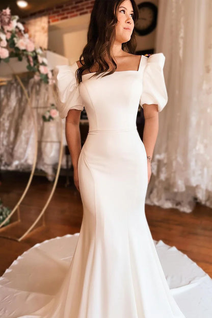 Charming Mermaid Square Neck Backless Satin Wrap The Buttocks Long Prom Dress with Ruffled Sleeves