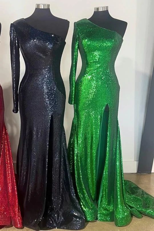 Rainbow Sequin One-Shoulder Mermaid Long Prom Dress