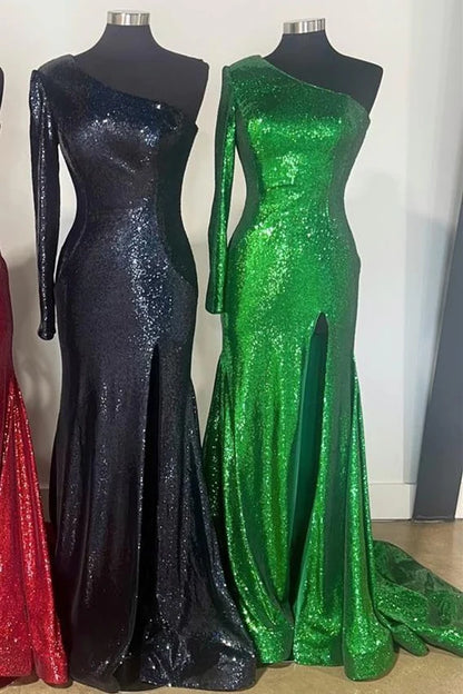 Rainbow Sequin One-Shoulder Mermaid Long Prom Dress