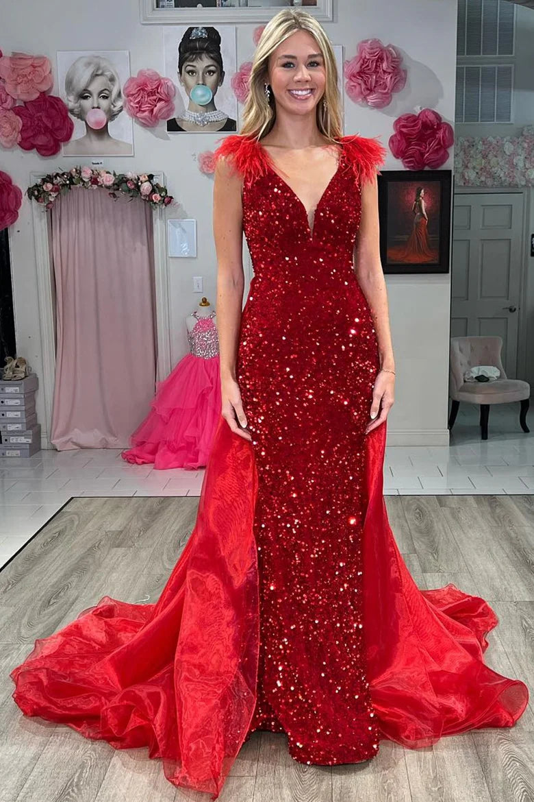 Sequin Plunge V Mermaid Long Dress with Attached Train