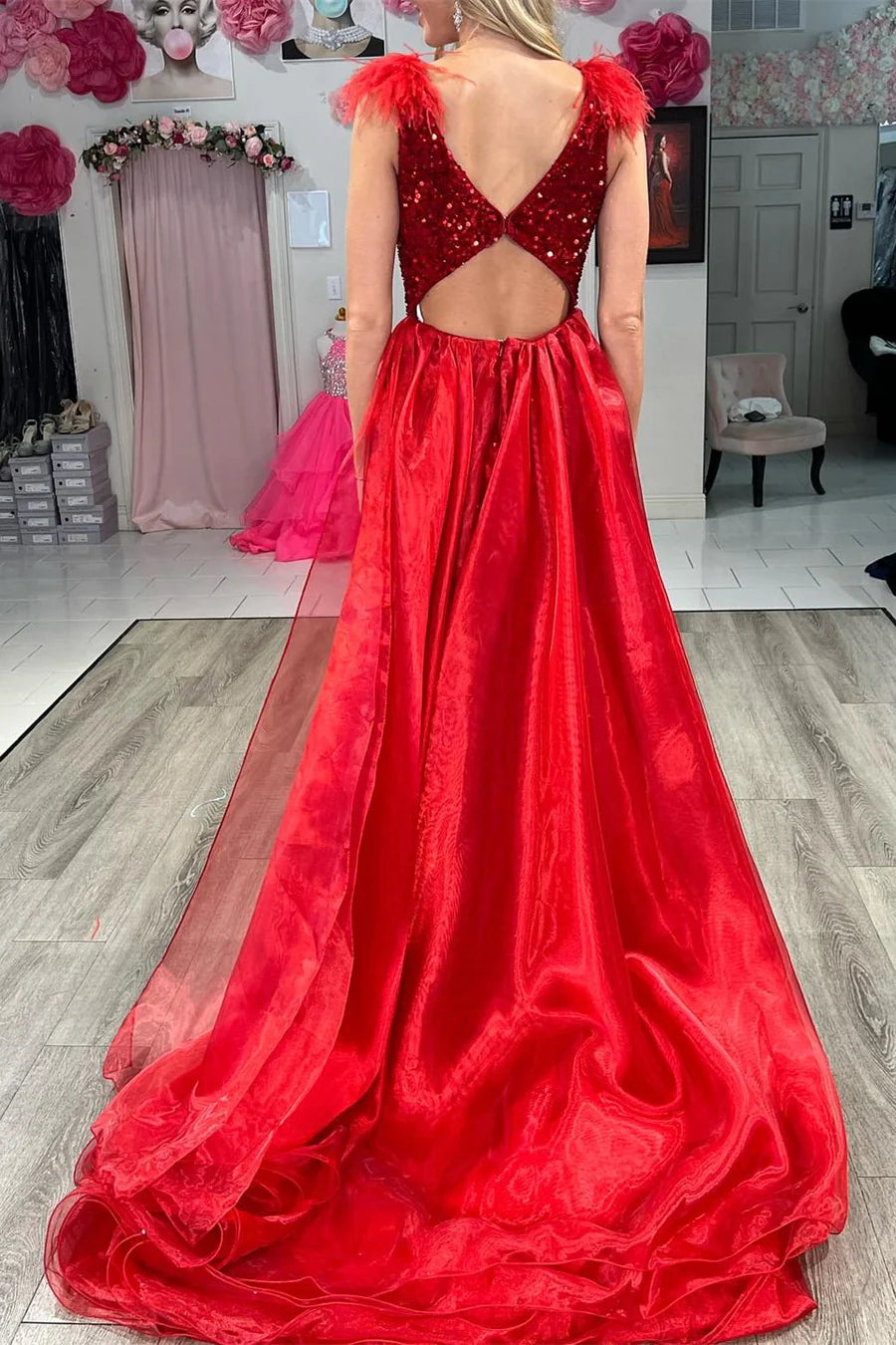 Sequin Plunge V Mermaid Long Dress with Attached Train