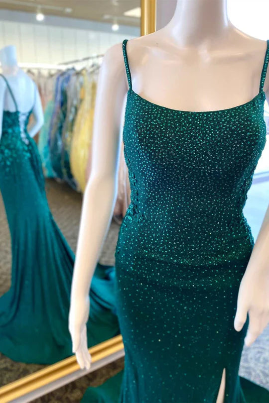 Beaded Appliques Lace-Up Mermaid Long Prom Gown