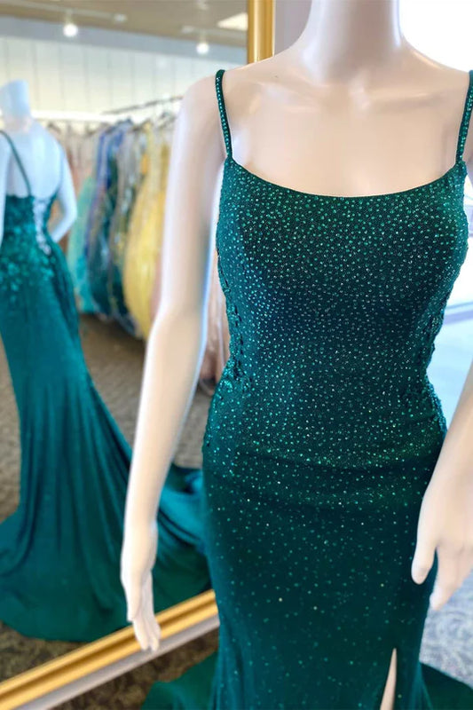 Beaded Appliques Lace-Up Mermaid Long Prom Gown